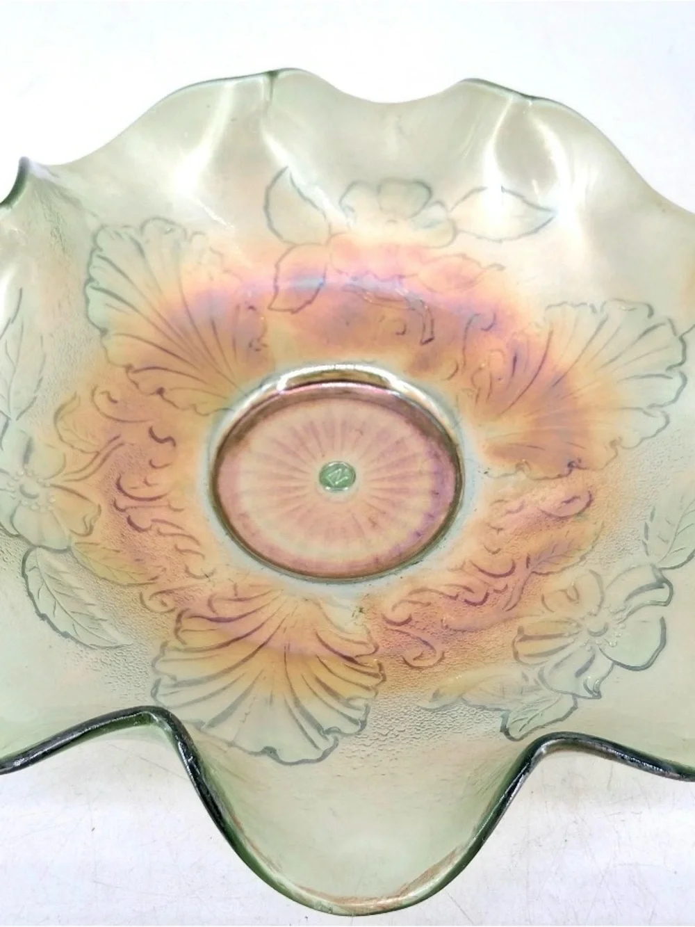 Antique Northwood Green Carnival Glass Blossom and Palm Ruffled Iridescent Bowl